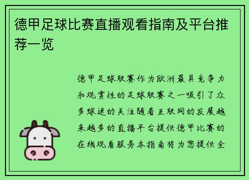德甲足球比赛直播观看指南及平台推荐一览